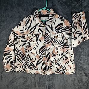 Lucy Laurel Shirt Jacket Women 3X White Black Tropical Leaf Linen Blend Plus